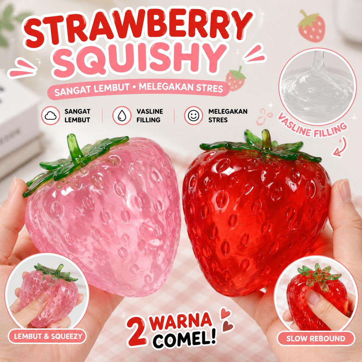 Strawberry Squishy 8cm, Realistic Strawberry Toy, Very Soft with Vaseline Filling, Stress Relief Toy.