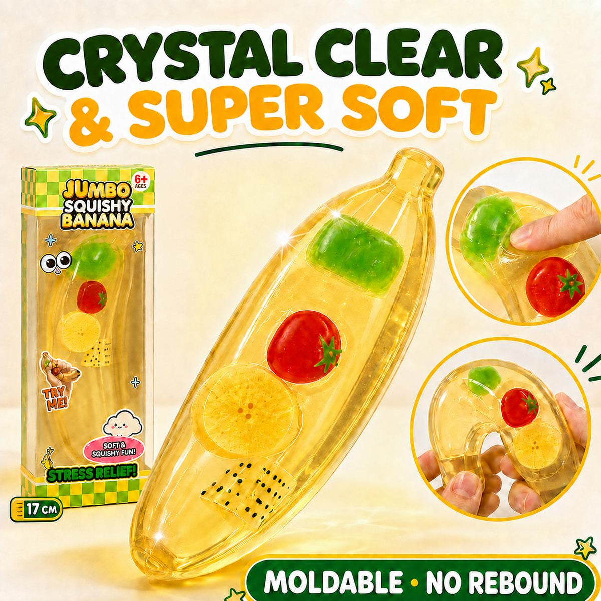 New Vancelin Banana Squishy Toy: Clear and Soft, Can Be Shaped and Reformed, Anti-Stress Gift.