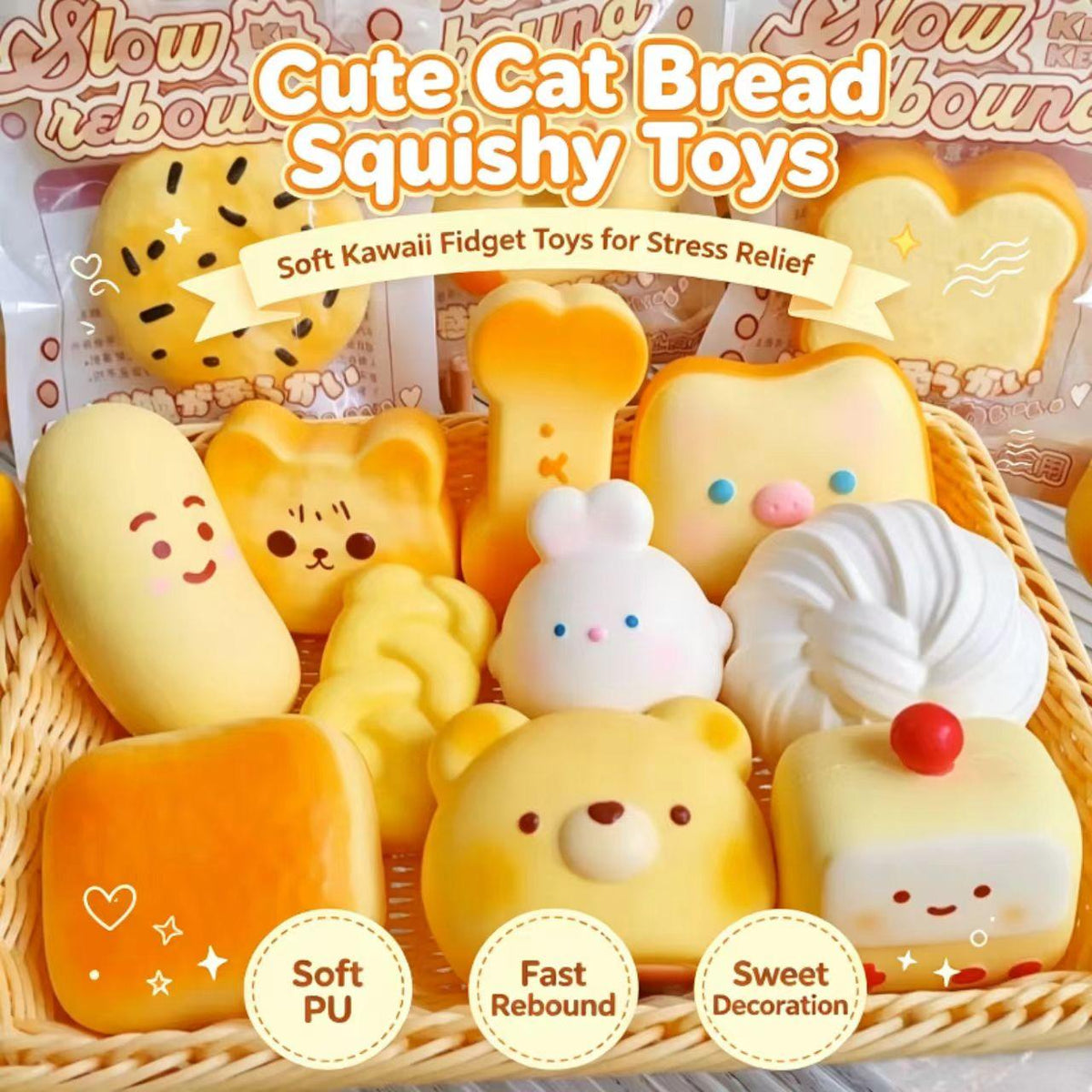 Slow-Rising Food Squishy Toy, Cute Bread-Shaped Squishy Toy, Toast, Cake for Squeezing, Soft Fidget Toy for Stress Relief, Gift for Kids and Adults, Flower, Lamp, Starry, Bag.
